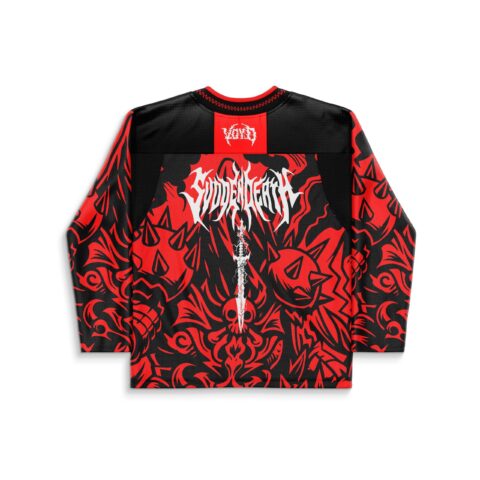 Black/red demonic flame pattern hockey jersey, central white graphic, back view on white background