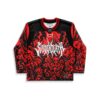 Black/red demonic flame pattern hockey jersey, skull motifs, front view on white background