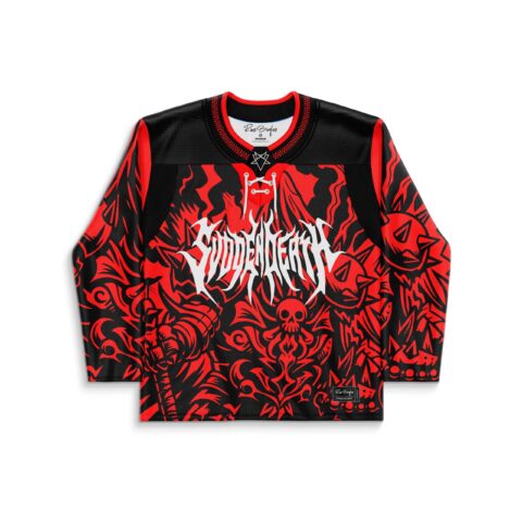 Black/red demonic flame pattern hockey jersey, skull motifs, front view on white background