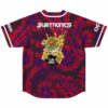 Red-purple radial tie-dye jersey back with dripping alien-style graphic and festival lettering on white background