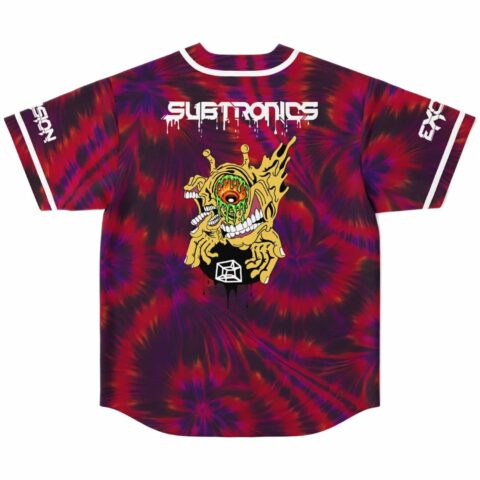 Red-purple radial tie-dye jersey back with dripping alien-style graphic and festival lettering on white background