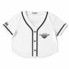 White rave cropped baseball jersey with black trim and a ramen house logo