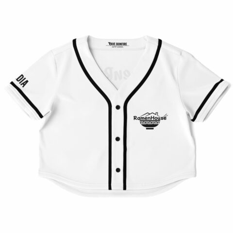 White cropped baseball jersey with black trim and ramen house logo