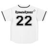 White RamenRaves jersey back view featuring readable text and outlined number 22 on white background