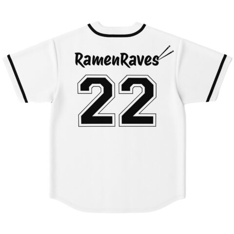 White RamenRaves jersey back view featuring readable text and outlined number 22 on white background