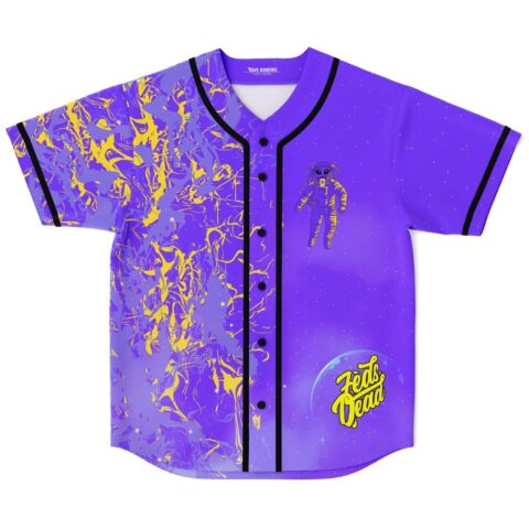 Purple abstract paint-pattern jersey front with cartoon alien astronaut against a starry space background