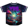 Psychedelic mushroom forest jersey with glowing lake and large purple MDE text, back view