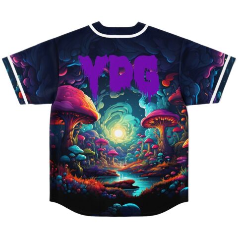 Psychedelic mushroom forest jersey with glowing lake and large purple MDE text, back view