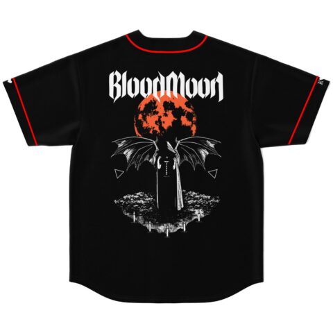 Black jersey back with “Blood Moon” text, orange moon, winged gothic figure, full back view