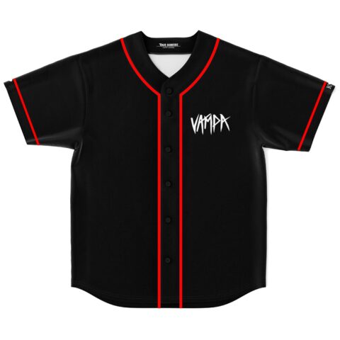 Black baseball jersey front with “VAMPA” wordmark, red piping and button closure, full front view