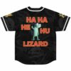 Dinosaur fossil pattern with cartoon lizard and “HA HA HE HU LIZARD” text, back view