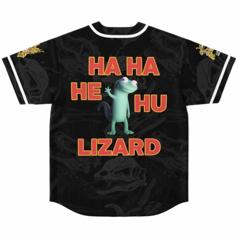 Dinosaur fossil pattern with cartoon lizard and “HA HA HE HU LIZARD” text, back view