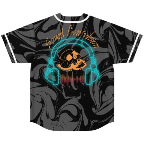 Black gray abstract swirl back featuring neon headphones, skull, waveform, and Sound Convulsion lettering