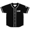 Black-and-white varsity lettering with white piping, front view on a clean product background