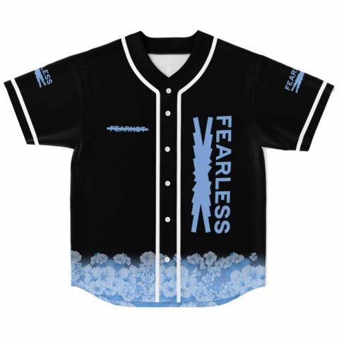 Black FEARLESS lightning baseball jersey with blue floral hem, front view on white background