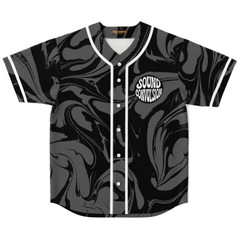 Sound Convulsion black-gray abstract swirl jersey with white piping and bold bubble lettering, front view