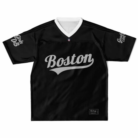 Black football jersey with bold white 'Boston' script text