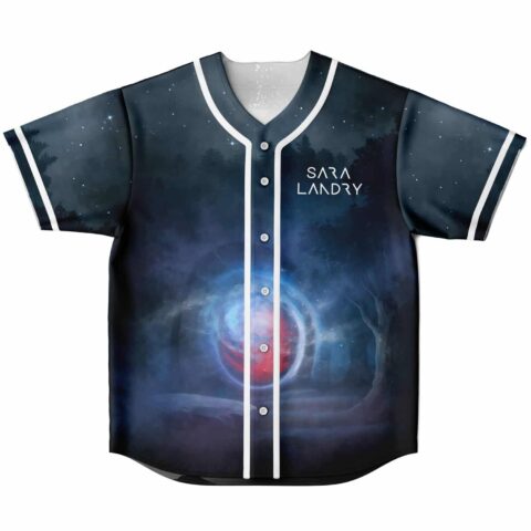 Dark forest galaxy design with glowing red-blue orb and stars, front view with white trim