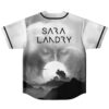 Monochrome mountain moon design beneath a luminous sky, back view with bold lettering