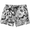Black-and-white psychedelic doodle collage swim trunks, front view with drawstring and dense surreal motifs
