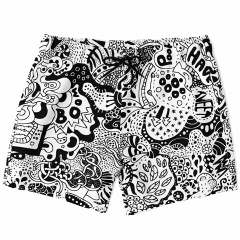 Black-and-white psychedelic doodle collage swim trunks, front view with drawstring and dense surreal motifs