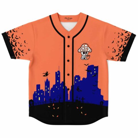 Orange Halloween cityscape jersey with bats, glowing windows, and shadowy cats, front view