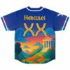 Hercules back view with crossed golden clubs, swirling clouds, temple, and sunset hills