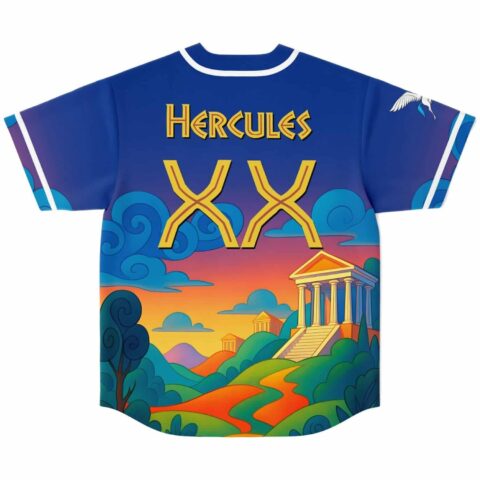 Hercules back view with crossed golden clubs, swirling clouds, temple, and sunset hills