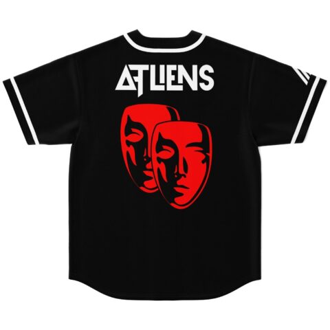 Black jersey featuring red dual-mask graphic and geometric white lettering, flat back view on white
