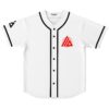 White baseball jersey with red geometric triangle globe emblem and black piping, front view