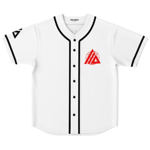 White baseball jersey with red geometric triangle globe emblem and black piping, front view