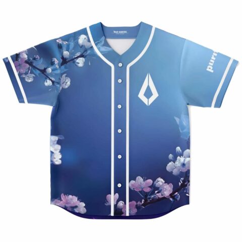 Blue gradient cherry blossom baseball jersey with white piping, front product view
