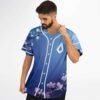Blue gradient cherry blossom jersey with white piping, modeled in a festival outfit