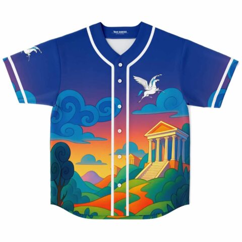 Greek mythology front view featuring a winged horse, temple, swirling clouds, and vivid sunset landscape