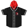 Anime-inspired red hand-and-swirl graphic on black jersey with red hood and white trim, front view