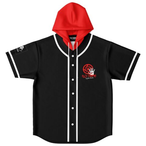 Anime-inspired red hand-and-swirl graphic on black jersey with red hood and white trim, front view