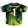 Green-yellow abstract liquid swirl jersey with large white number 1, back view on white