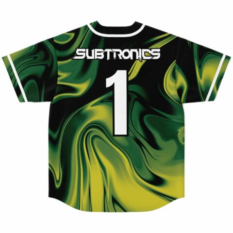 Green-yellow abstract liquid swirl jersey with large white number 1, back view on white