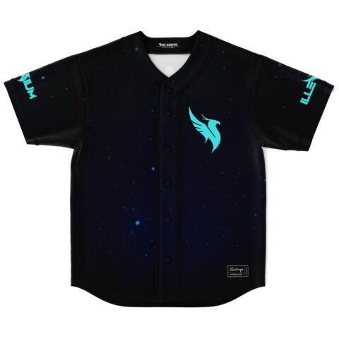 Black galaxy front with teal phoenix emblem, buttons, stars, and SUM and ELITE sleeve text