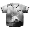 Grayscale cosmic mountain landscape jersey, black piping and winged emblem, front view on white background