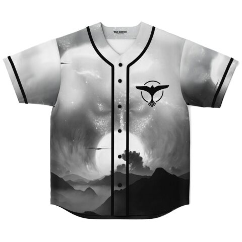 Grayscale cosmic mountain landscape jersey, black piping and winged emblem, front view on white background
