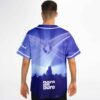 Blue concert light-ray jersey back with silhouetted crowd, modeled at a festival