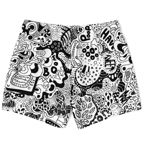 Psychedelic doodle collage swim trunks, back view with surreal shapes, leaves, creatures, and bold linework