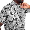 Model wearing the doodle print rave button-down shirt, showing the collar and side details