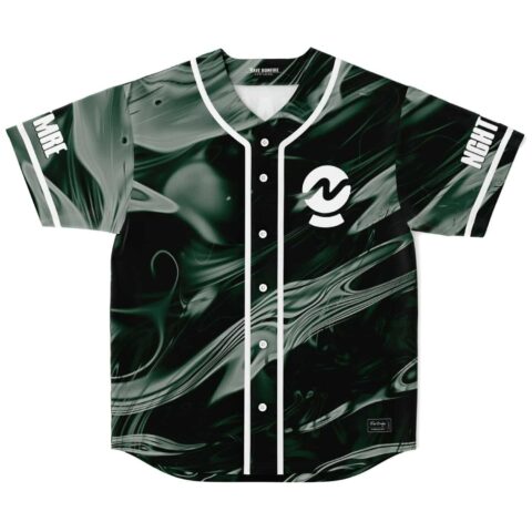 Dark green abstract swirl front view featuring a white circular logo and contrasting button placket
