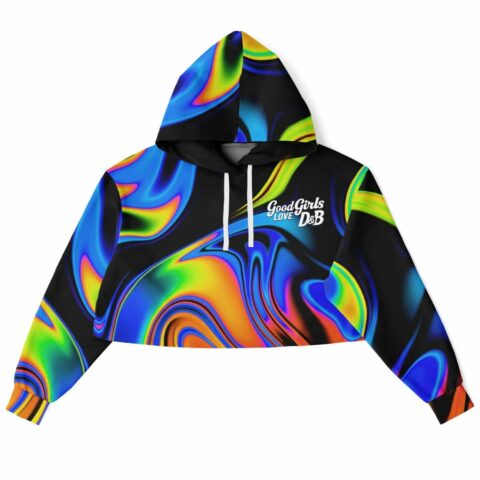 Cropped hoodie with vibrant swirling colors and text design