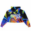 Cropped hoodie with colorful swirl patterns and text, back view