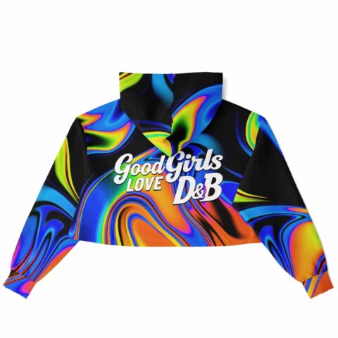 Cropped hoodie with colorful swirl patterns and text, back view