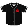 Black rave jersey, red geometric triangle emblem, white trim, front view on white background