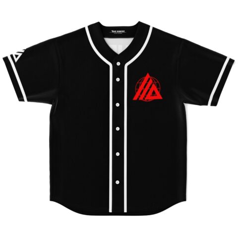 Black rave jersey, red geometric triangle emblem, white trim, front view on white background